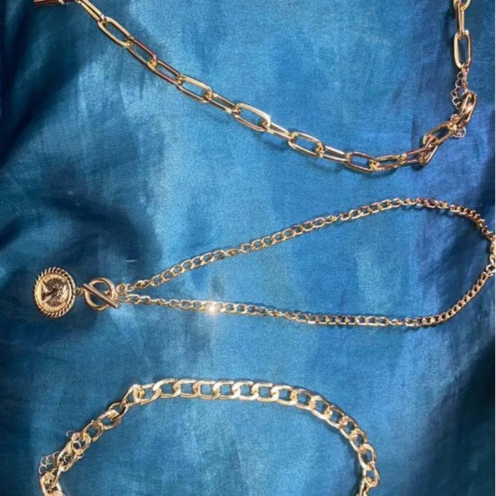 Gold Tone 3-Chain Multi-Layer Necklace Set